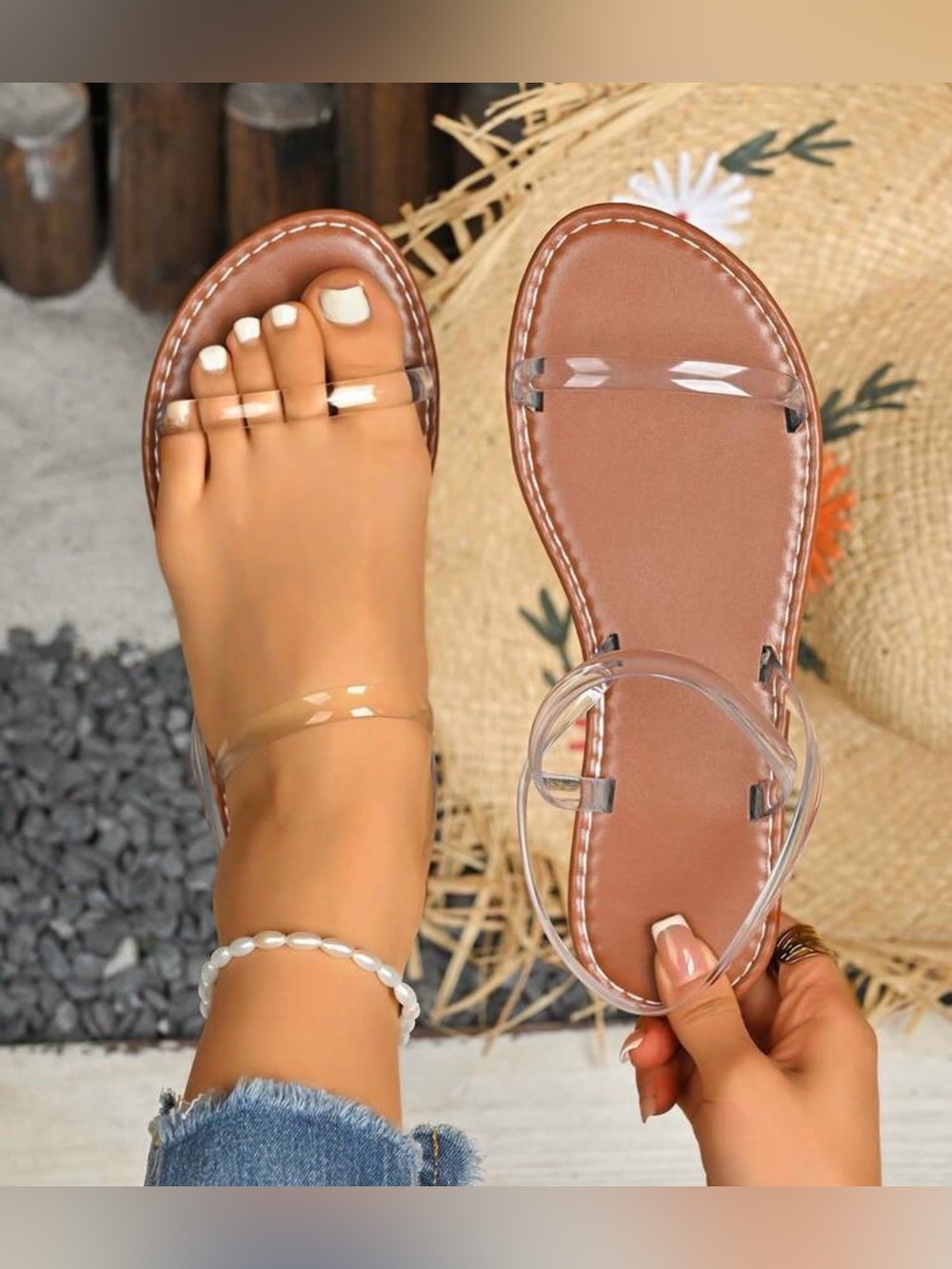 Clear Strap Brown Flat Sandals - Women